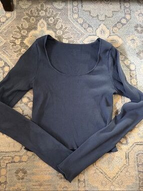 Brandy Melville Navy Ribbed Scoop Neck Long Sleeve Top